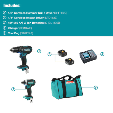 MAKITA 18V LXT Cordless Hammer Drill-Driver & Impact Driver Kit w/2 Batteries (3.0Ah), Charger & Bag