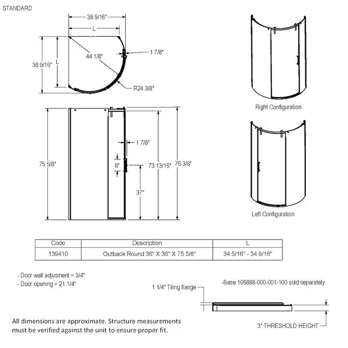 MAAX Outback Round 36W x 36L x 75.6H Frameless Sliding Shower Door, Left Hand Opening in Chrome & Clear Glass (New)