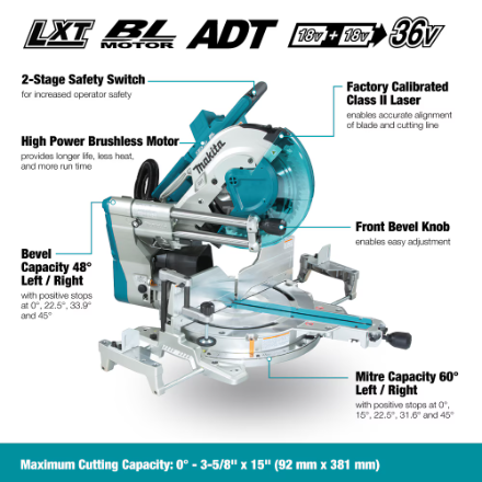 MAKITA 36V (18Vx2) LXT 12"Brushless Cordless Sliding Compound Mitre Saw with Laser (Tool Only)