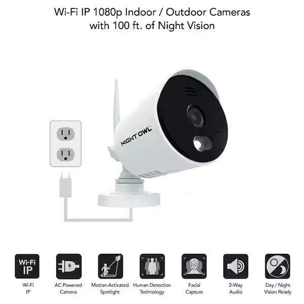 Night Owl 10-Channel 1080P 1TB NVR Security Camera System with 4 AC Wireless Bullet Spotlight Cameras (new)