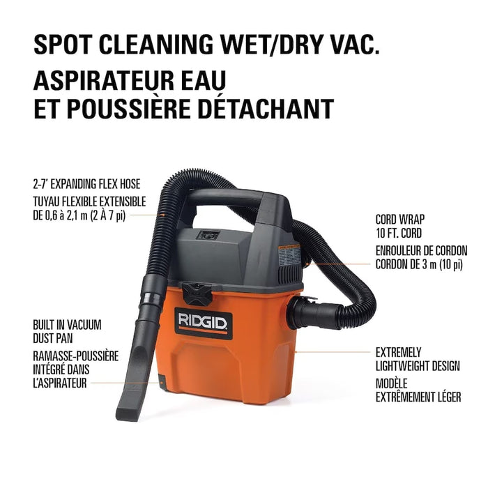 RIDGID 11L (3 Gal.) 3.5 Peak HP Portable Wet/Dry Shop Vacuum with Built-in Dust Pan and Accessories (NEW)
