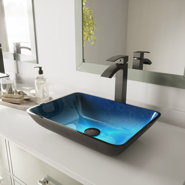 VIGO Donatello 18"L x 13"W x 4"H Turquoise Glass Rectangular Vessel Bathroom Sink in Blue
