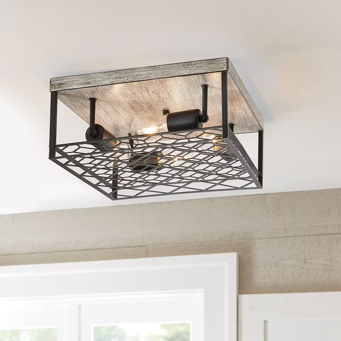 4-Light Black Metal & Faux Wood Square Cage Flushmount Ceiling Light (new)