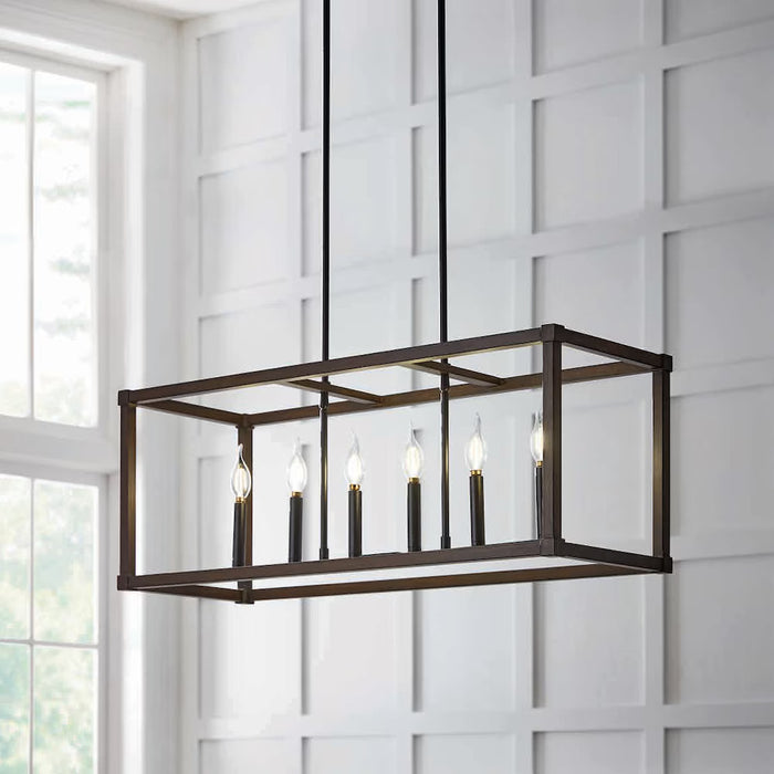 6-Light Black Modern Farmhouse Kitchen Island Linear Pendant with Faux Wood Shade (NEW)