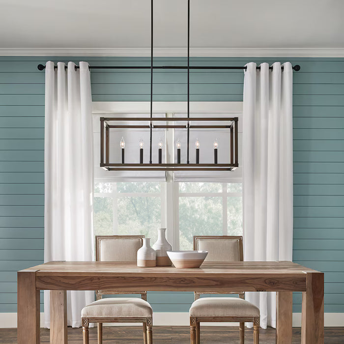 6-Light Black Modern Farmhouse Kitchen Island Linear Pendant with Faux Wood Shade (NEW)