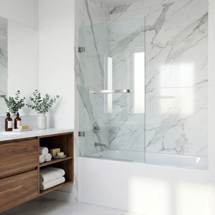 VIGO Rialto 34 in. W x 58 in. H Frameless Hinged Bathtub Door in Chrome with Clear Glass and Handle (new)