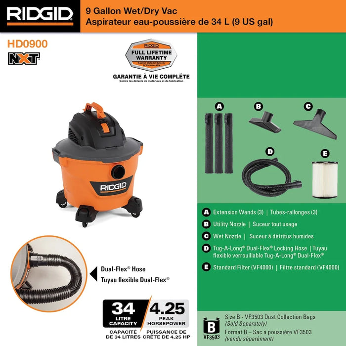 RIDGID 34L (9 Gal.) 4.25 Peak HP NXT Wet Dry Shop Vacuum (used)