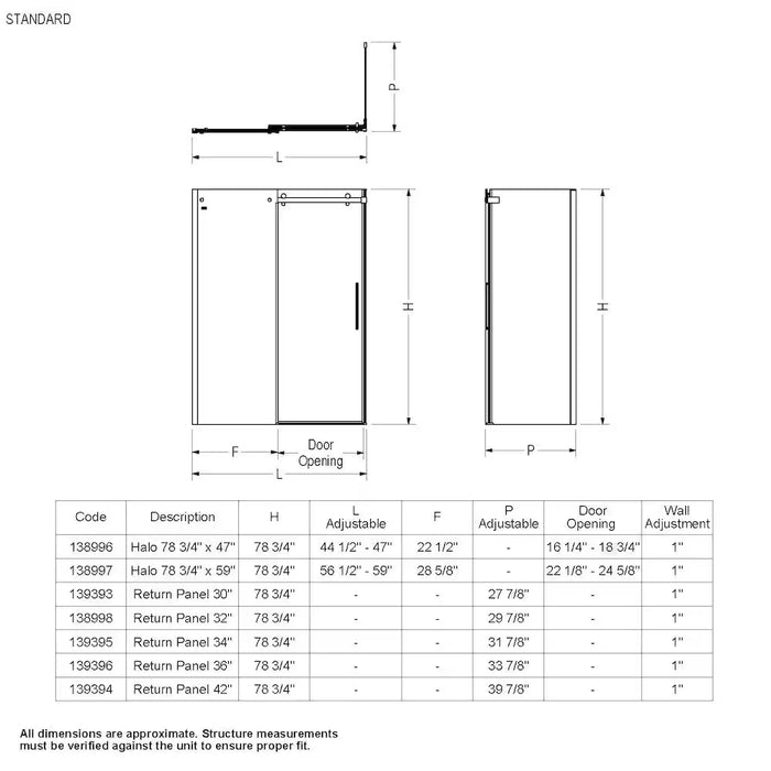 MAAX Halo 78.75 in. H Frameless Fixed Return Panel in Matte Black with 8mm Clear Tempered Glass for 32 in. Wide Base & Halo Shower Door