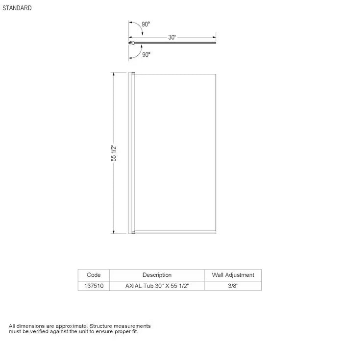 MAAX Axial 30W x 55.5H-inch Frameless Fixed Tub Shield in Chrome with Clear Glass (new)