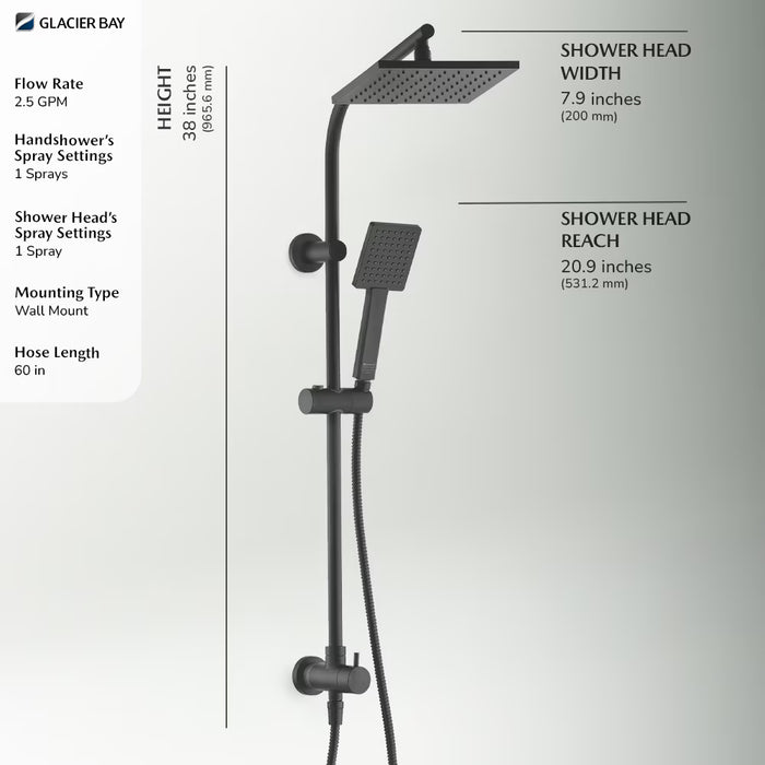 Modern 8-inch 1-Function Wall Mount Rectangle Handshower & Showerhead Kit in Matte Black (New)