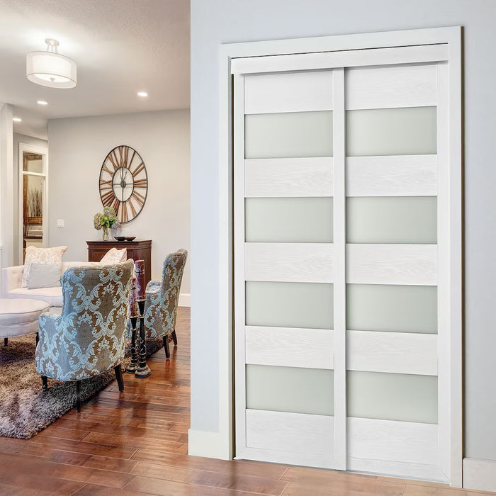 TRUporte 60-inch x 80.5-inch White 4-Lite MDF Frosted Glass Closet Sliding door (new)