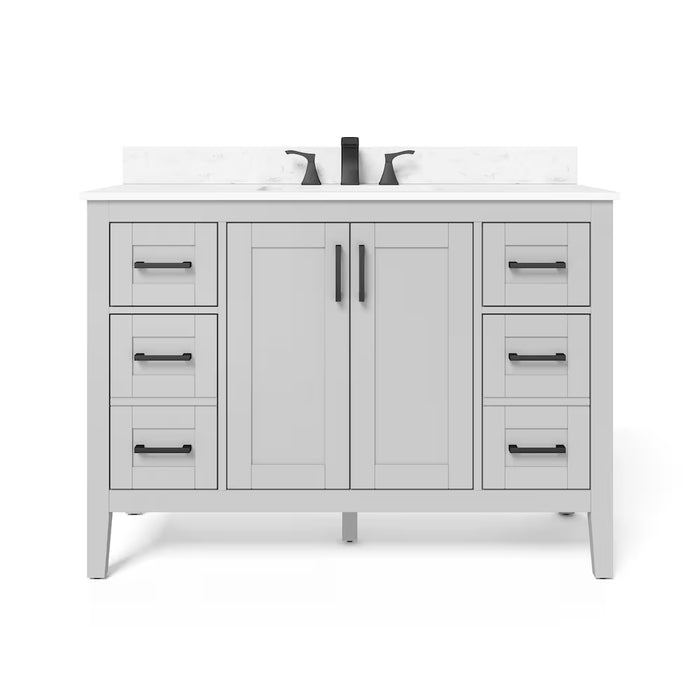 Ellia 48-inch W x 20-inch D 2-Door & 6-Drawer Grey Wood Bathroom Vanity Single Undermount Sink with White Engineered Carrera Stone Top (damaged, new)