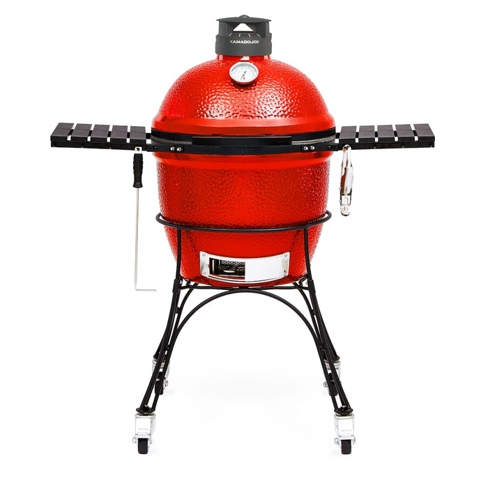 Kamado Joe Classic Joe II 18-inch Charcoal Grill in Red with Cart, Side Shelves, Grill Gripper, and Ash Tool (used)