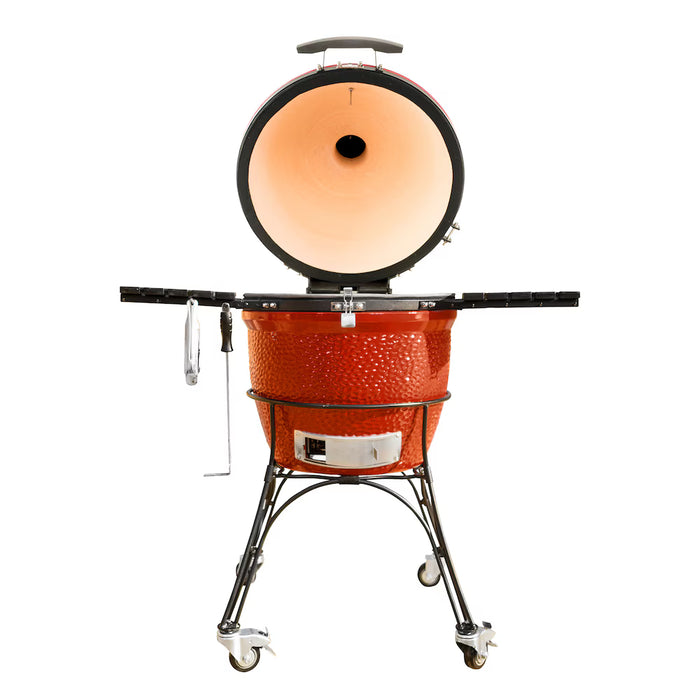 Kamado Joe Classic Joe II 18-inch Charcoal Grill in Red with Cart, Side Shelves, Grill Gripper, and Ash Tool (used)