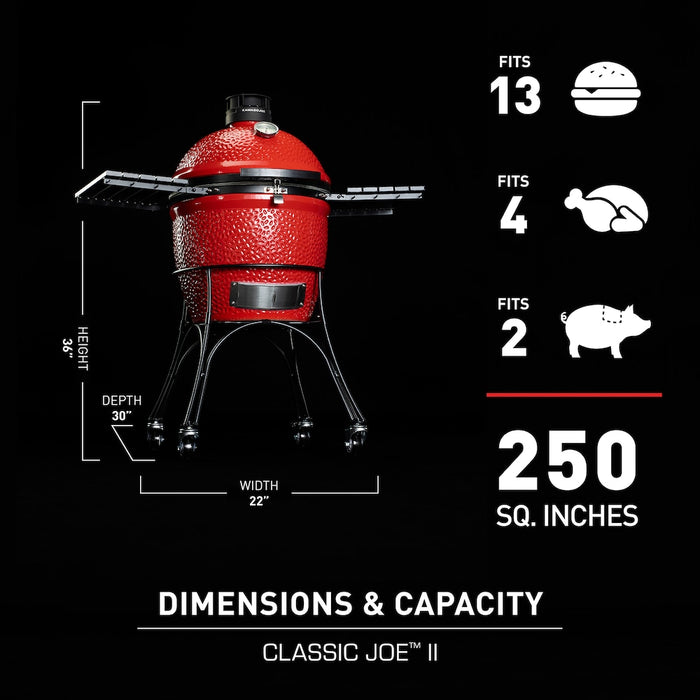 Kamado Joe Classic Joe II 18-inch Charcoal Grill in Red with Cart, Side Shelves, Grill Gripper, and Ash Tool (used)