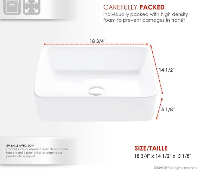 Stylish Porcelain Rectangular 18 3/4-inches Top Mounted Vessel Bathroom Sink White