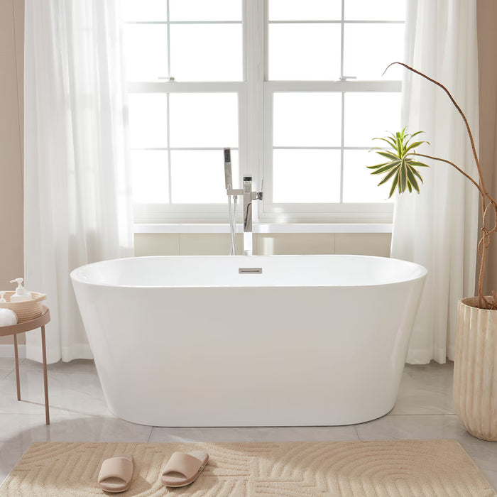 Vanity Art Bordeaux 54 in. x 29.7 in. Acrylic Flatbottom Freestanding Soaking Bathtub with Center Drain in White/Polished Chrome (New)