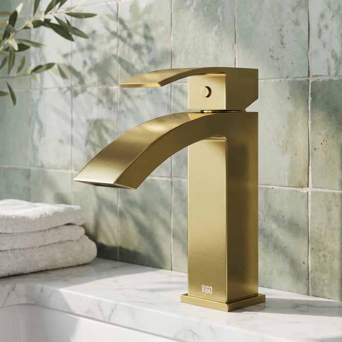 VIGO Satro Single Hole Single-Handle Waterfall Bathroom Faucet in Matte Brushed Gold (NEW)
