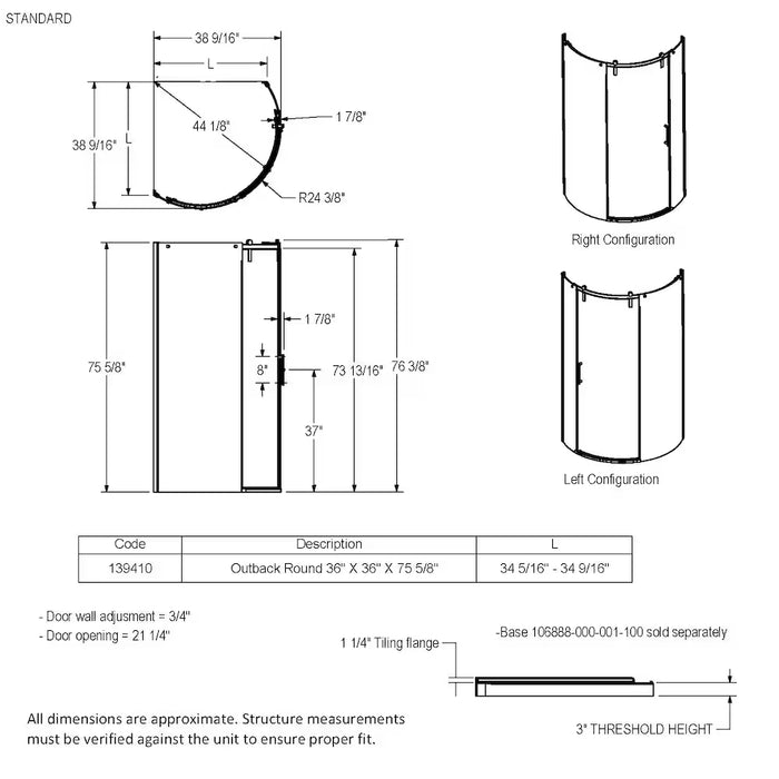 MAAX Outback Round 36W x 36L x 75.6H Frameless Sliding Shower Door, Right Hand Opening in Chrome & Clear Glass