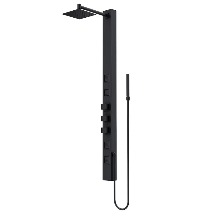 VIGO Sutton 58-Inch 4-Jet Shower Wall Panel System with Square Rainhead Handheld Wand in Matte Black (new)