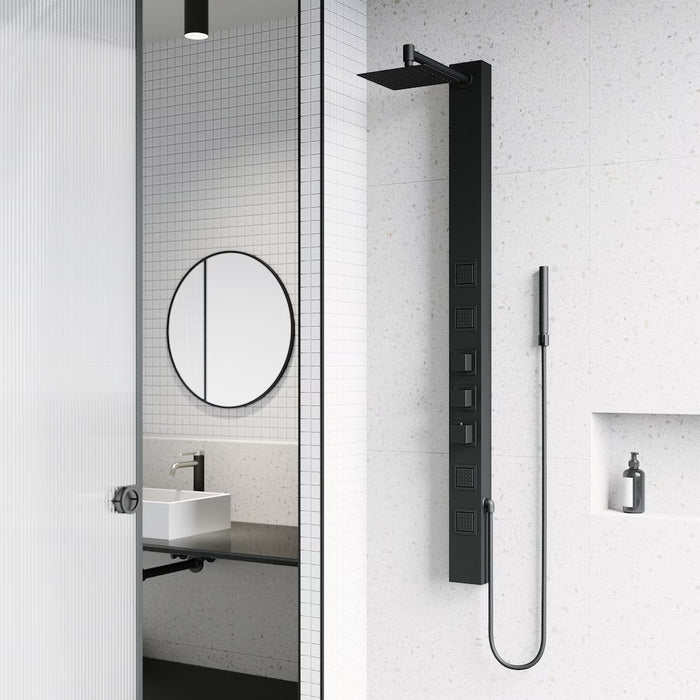 VIGO Sutton 58-Inch 4-Jet Shower Wall Panel System with Square Rainhead Handheld Wand in Matte Black (new)