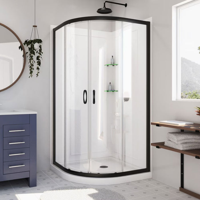DreamLine Prime 36 in. D x 36 in. W x 76.75 in. H Neo-Round Corner Shower Kit Enclosure with Wall Surround, Two Glass Shelves, Corner Drain Base & Clear Glass Sliding Door in Matte Black (new)