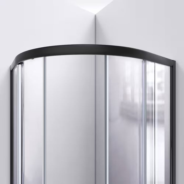 DreamLine Prime 36 in. D x 36 in. W x 76.75 in. H Neo-Round Corner Shower Kit Enclosure with Wall Surround, Two Glass Shelves, Corner Drain Base & Clear Glass Sliding Door in Matte Black (new)
