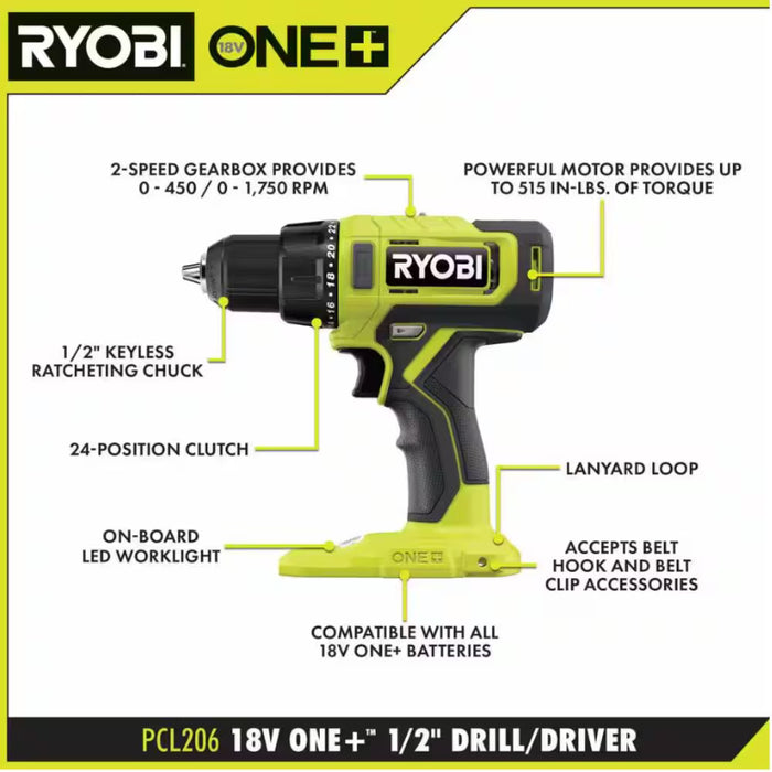 RYOBI 18V ONE+ Cordless 1/2 in. Drill/Driver Kit with (1) 1.5 Ah Battery and Charger (USED)
