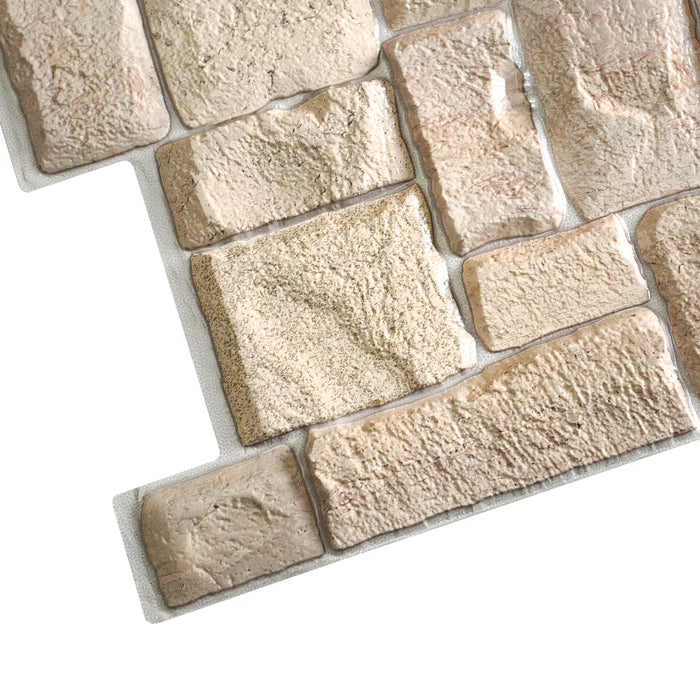 Dundee Deco 3D Falkirk Retro 39 in. x 20 in. Faux Limestone PVC Decorative Wall Panel in Beige (5-Pack)  (NEW)