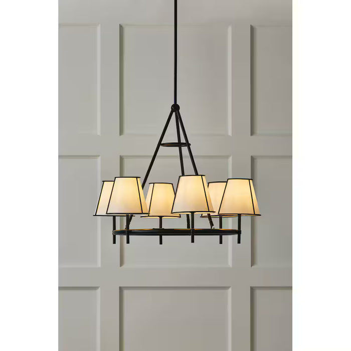 Windermere 6-Light Matte Black Morden Farmhouse Wagon Wheel Chandelier Tapered White Linen Shade (new)