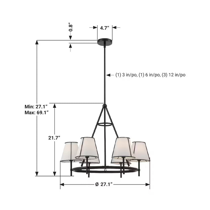 Windermere 6-Light Matte Black Morden Farmhouse Wagon Wheel Chandelier Tapered White Linen Shade (new)