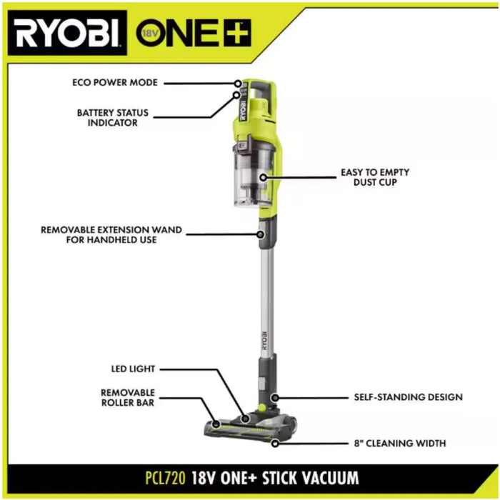 RYOBI 18V ONE+ Cordless Stick Vacuum Cleaner Kit with 4.0 Ah Battery and Charger (new)