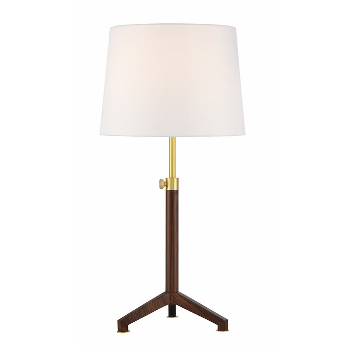 GlucksteinElements Dunlop 28.5-inch Adjustable H Table Lamp with Walnut Wood Brushed Brass Base and Linen Fabric Shade (new)