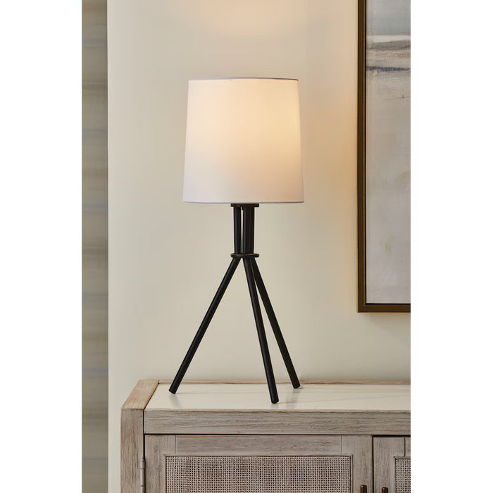 GlucksteinElements Langley 26-inch H Tripod Table Lamp with Black Base and White Linen Fabric Shade (New)