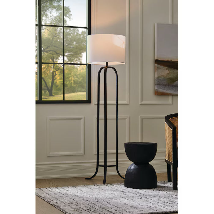 Wyatt 65-inch H Farmhouse Floor Lamp with Flared Legs Black Metal Base and White Linen Fabric Shade