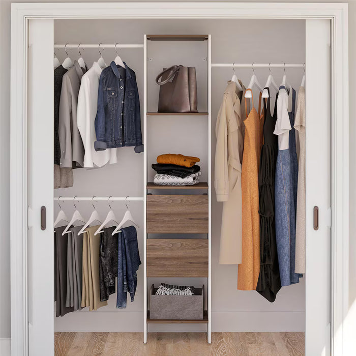 StyleWell Reach-In Closet Organizer Tower Kit with Hanging Rods & 5 Shelves, White/Aged Oak. Fits Spaces 4 ft to 9 ft