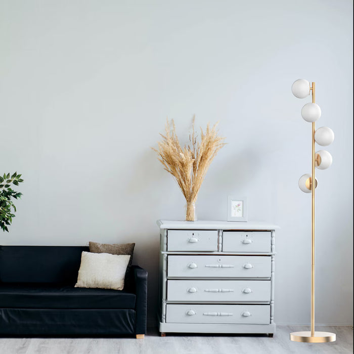 62-inch H 5-Light Gold Tree Floor Lamp with White Opal Glass Shade (New)