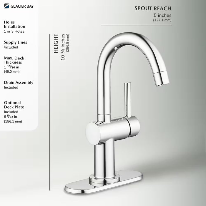 Dorind 4-inch Centerset 1-Handle High-Arc Bathroom Faucet in Chrome, Push Pop-Up Drain, Valve & Deck Plate Included (NEW)