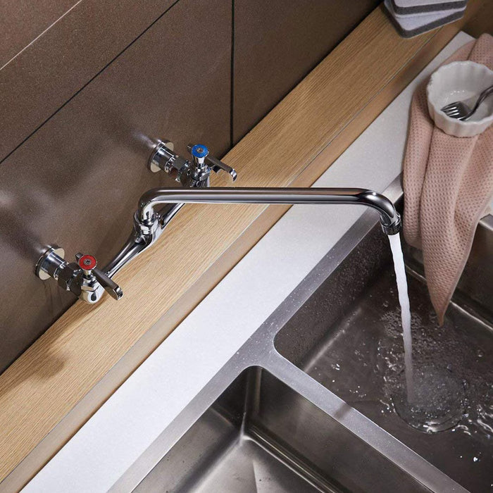 BWE 2-Handle Wall Mount Kitchen Faucet with 8 inch Swivel Spout 8 inch Center in Polished Chrome (NEW)