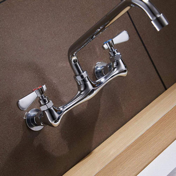 BWE 2-Handle Wall Mount Kitchen Faucet with 8 inch Swivel Spout 8 inch Center in Polished Chrome (NEW)