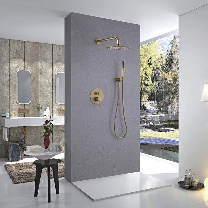 BWE 1-Handle 2-Spray Rain Shower Faucet and Hand Shower Combo Kit in Brushed Gold (Valve Included) (NEW)