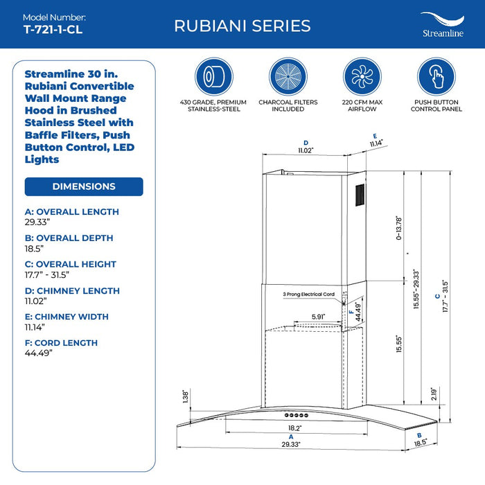 Streamline Rubiani 30-inch 220 CFM Wall Mount Convertible Range Hood in Brushed Stainless Steel, Baffle Filter (NEW)