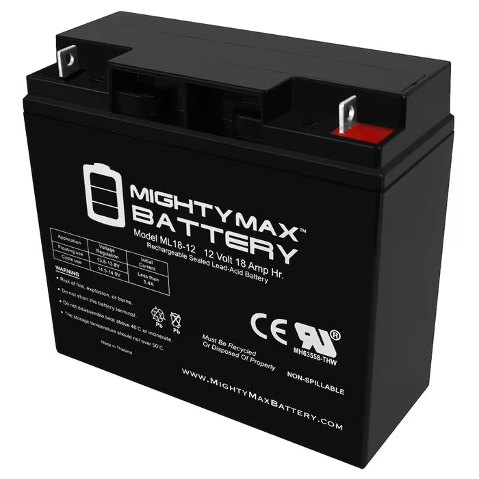 Mighty Max Battery ML18-12 - 12 Volt 18 AH, Nut and Bolt (NB) Terminal, Rechargeable SLA AGM Battery (New)