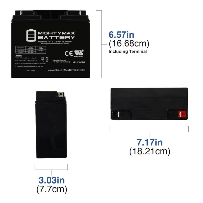 Mighty Max Battery ML18-12 - 12 Volt 18 AH, Nut and Bolt (NB) Terminal, Rechargeable SLA AGM Battery (New)