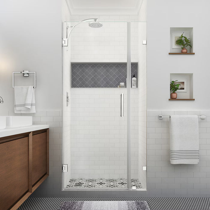 Aston Nautis XL 39.25 - 40.25 inch W x 80 inch H Hinged Frameless Shower Door, Chrome, Clear Glass (new)