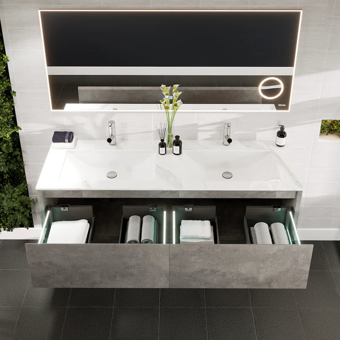 Eviva Aurora 60 in. Concrete Gray Wall Mount Double Sink Bath Vanity with Carrara Quartz Top (NEW)