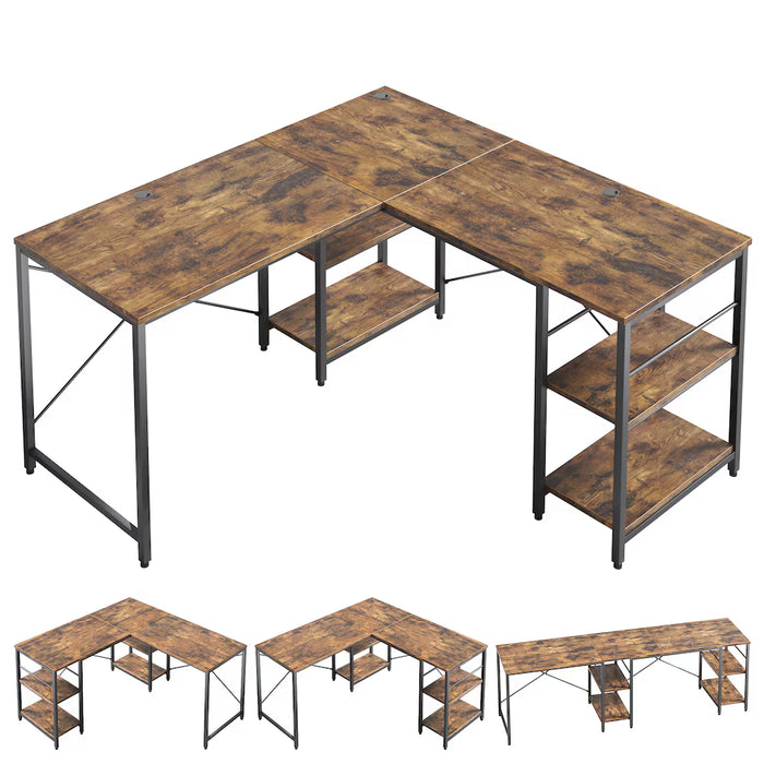 Rustic Brown L-Shaped Computer Desk with Storage Shelves