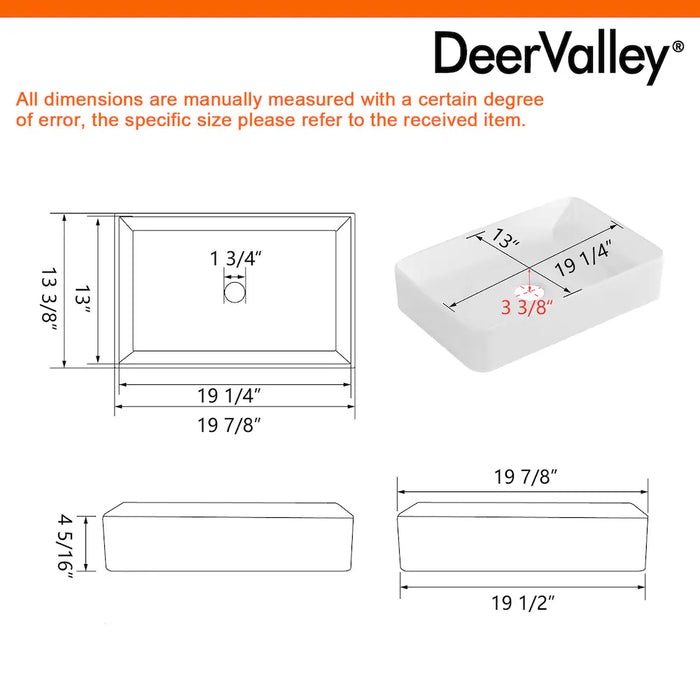 DeerValley 20 in. W x 13.4 in. D Rectangular Ceramic Bathroom Vessel Sink Art Basin in White (NEW)