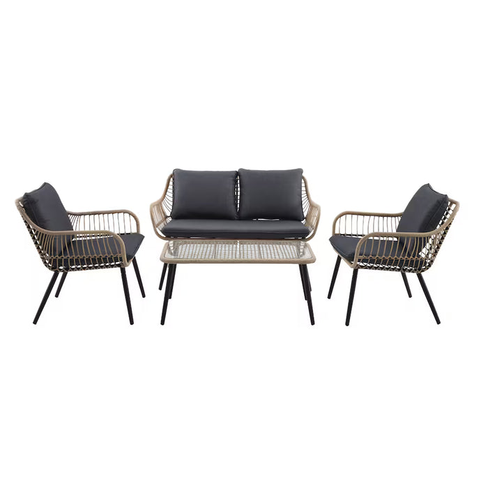 StyleWell Town Lake 3-Piece 4-Seat Steel & Wicker Conversation Patio Set Black with Grey Cushions (NEW)