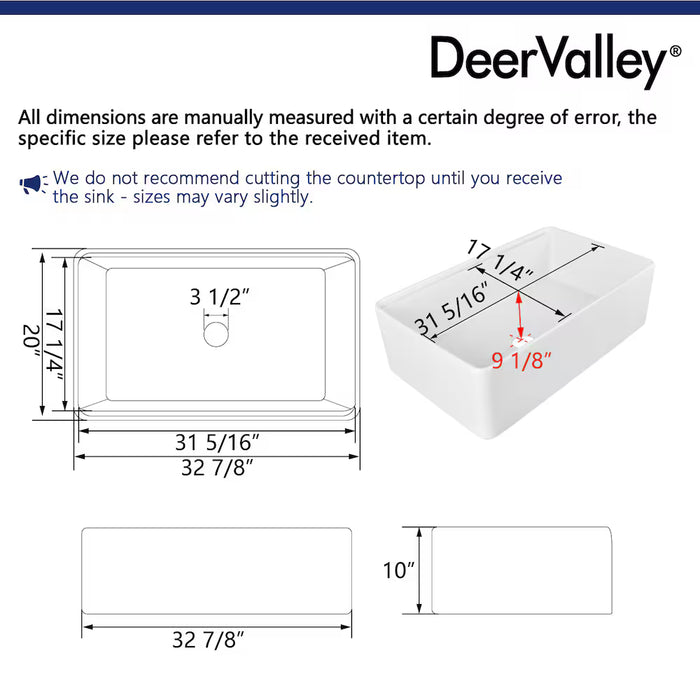 DeerValley White Fireclay 33 in. Single Bowl Farmhouse Apron Workstation Kitchen Sink (NEW)